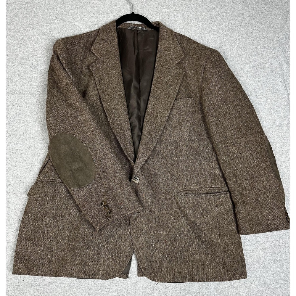 Haggar Blazer Sport Coat Mens 46 Brown Tweed Two Button Elbow Patches Made USA